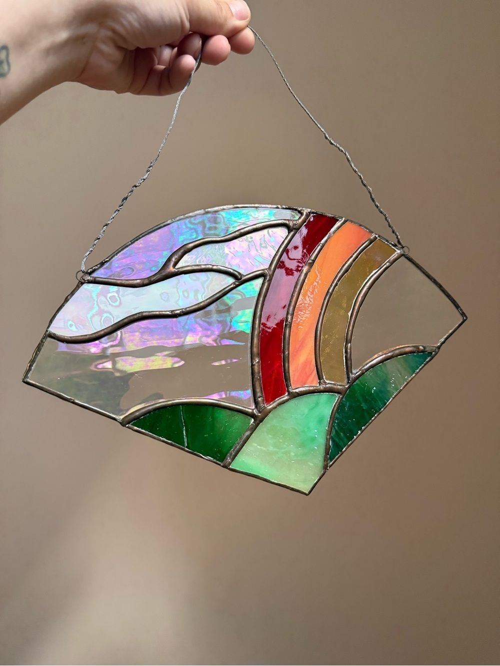 Rainbow Hills Clouds Handmade Stained Glass Wedge Hanging Window Sun Catcher